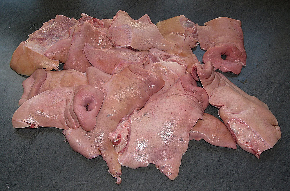 Schweine-Kopffleisch, halbe Schweineschnauze, Rüssel, mit Schwarte